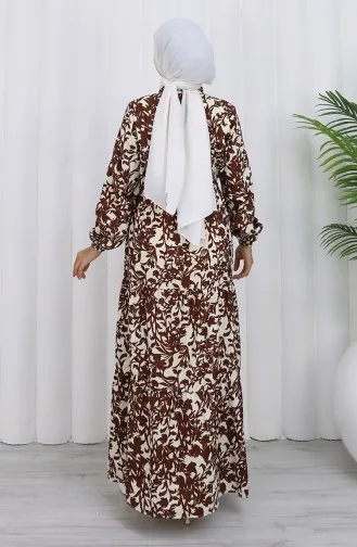 فستان منقوش بياقة ماندرين وخصر مربوط 0190-03 بني 0190-03