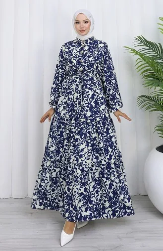 Robe à Motifs Col Mandarin Taille Nouée 0190-04 Bleu Marine 0190-04