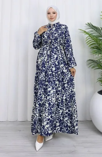 Robe à Motifs Col Mandarin Taille Nouée 0190-04 Bleu Marine 0190-04