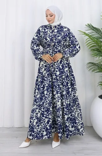 Robe à Motifs Col Mandarin Taille Nouée 0190-04 Bleu Marine 0190-04