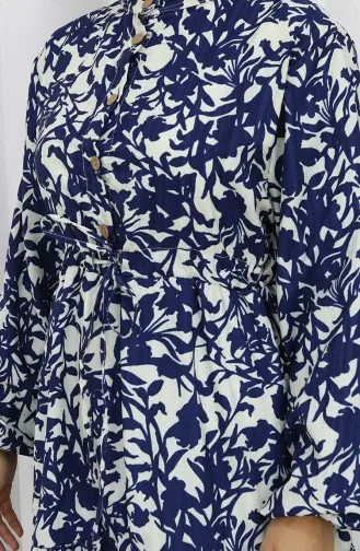 Robe à Motifs Col Mandarin Taille Nouée 0190-04 Bleu Marine 0190-04