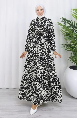 فستان منقوش بياقة جدّ وخصر مربوط 0190-05 أسود 0190-05