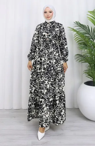 فستان منقوش بياقة جدّ وخصر مربوط 0190-05 أسود 0190-05