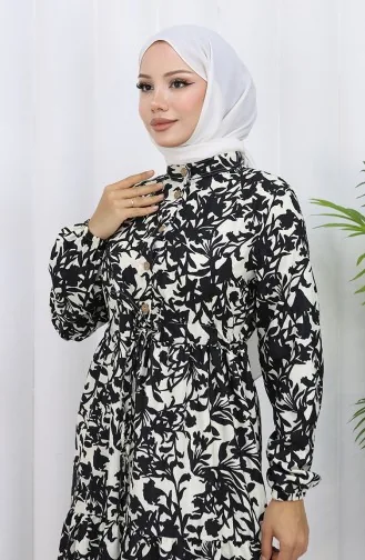 فستان منقوش بياقة جدّ وخصر مربوط 0190-05 أسود 0190-05