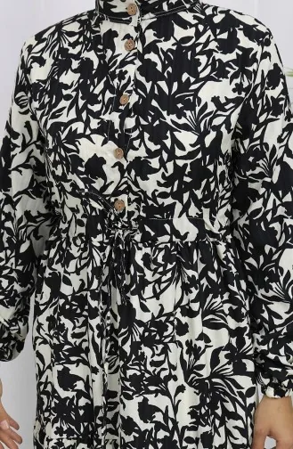 فستان منقوش بياقة جدّ وخصر مربوط 0190-05 أسود 0190-05