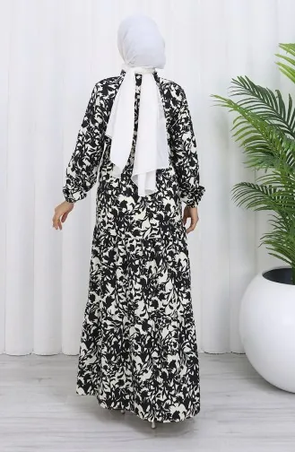 فستان منقوش بياقة جدّ وخصر مربوط 0190-05 أسود 0190-05