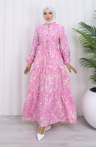 Robe à Motifs Avec Col Grand-père Et Taille Nouée 0190-06 Rose 0190-06