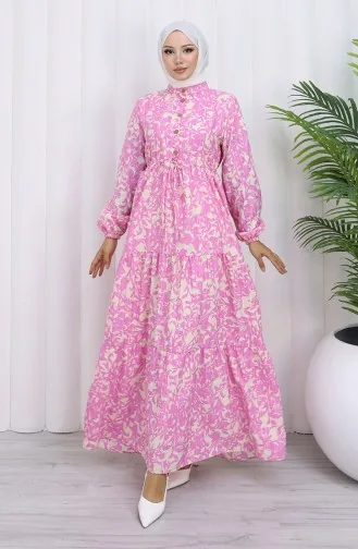 فستان منقوش بياقة جدّ وخصر مربوط 0190-06 وردي 0190-06