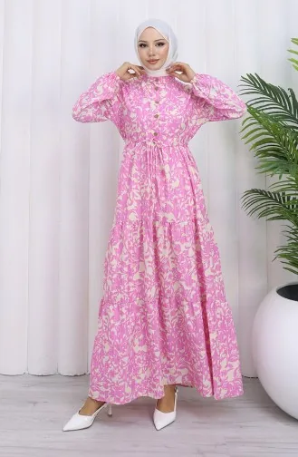 فستان منقوش بياقة جدّ وخصر مربوط 0190-06 وردي 0190-06