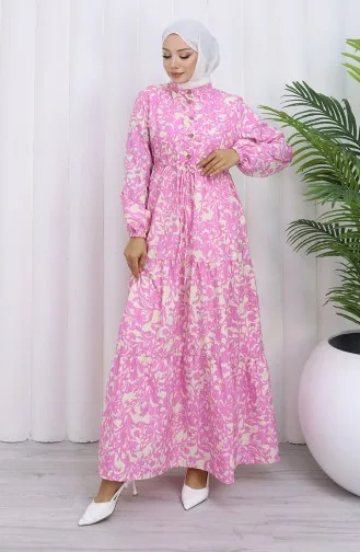 فستان منقوش بياقة جدّ وخصر مربوط 0190-06 وردي 0190-06