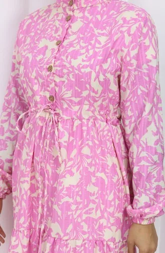 فستان منقوش بياقة جدّ وخصر مربوط 0190-06 وردي 0190-06