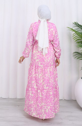 Robe à Motifs Avec Col Grand-père Et Taille Nouée 0190-06 Rose 0190-06