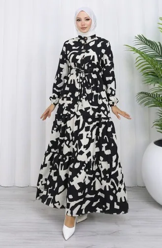 Robe à Motifs Avec Col Grand-père Et Taille Nouée 0191-01 Noir 0191-01