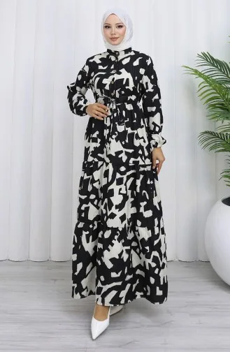 Robe à Motifs Avec Col Grand-père Et Taille Nouée 0191-01 Noir 0191-01