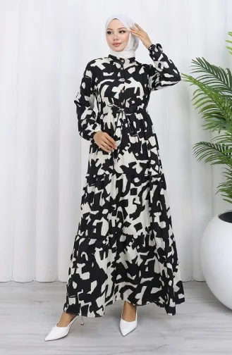 Robe à Motifs Avec Col Grand-père Et Taille Nouée 0191-01 Noir 0191-01