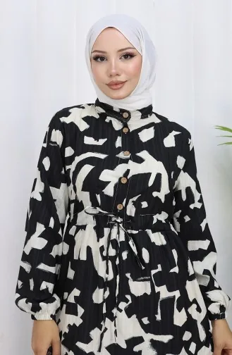 Robe à Motifs Avec Col Grand-père Et Taille Nouée 0191-01 Noir 0191-01