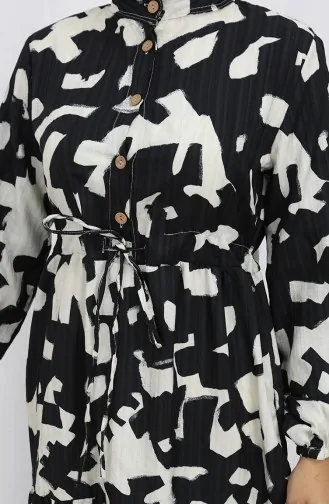 Robe à Motifs Avec Col Grand-père Et Taille Nouée 0191-01 Noir 0191-01