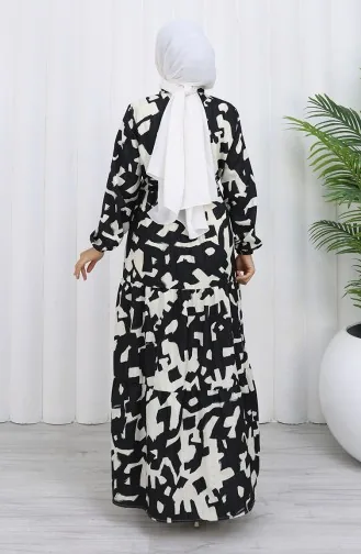 Robe à Motifs Avec Col Grand-père Et Taille Nouée 0191-01 Noir 0191-01