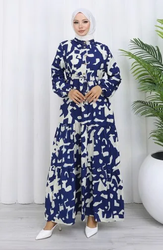 Robe à Motifs Col Mandarin Taille Nouée 0191-02 Bleu Marine 0191-02