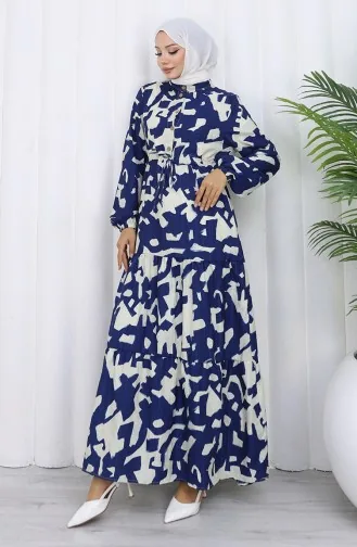 Robe à Motifs Col Mandarin Taille Nouée 0191-02 Bleu Marine 0191-02