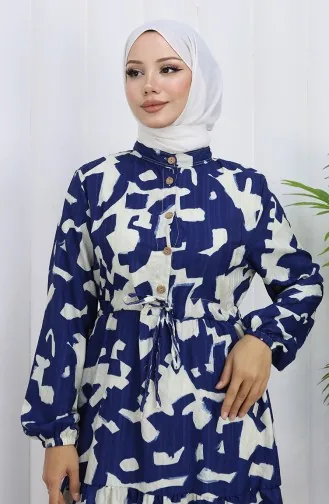 Robe à Motifs Col Mandarin Taille Nouée 0191-02 Bleu Marine 0191-02