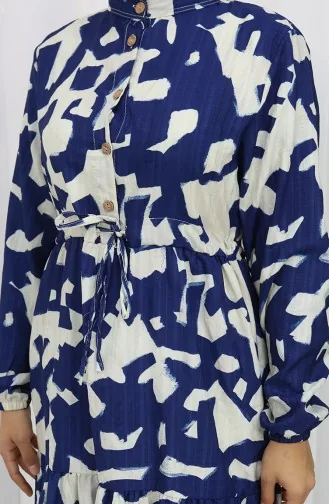 Robe à Motifs Col Mandarin Taille Nouée 0191-02 Bleu Marine 0191-02