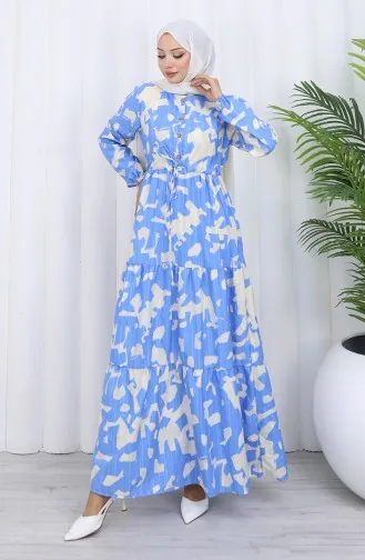 Robe à Motifs Avec Col Mandarin Et Taille Nouée 0191-03 Indigo 0191-03