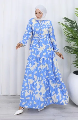 Robe à Motifs Avec Col Mandarin Et Taille Nouée 0191-03 Indigo 0191-03