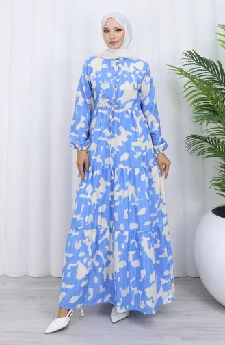 Robe à Motifs Avec Col Mandarin Et Taille Nouée 0191-03 Indigo 0191-03