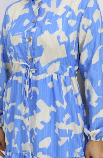 Robe à Motifs Avec Col Mandarin Et Taille Nouée 0191-03 Indigo 0191-03