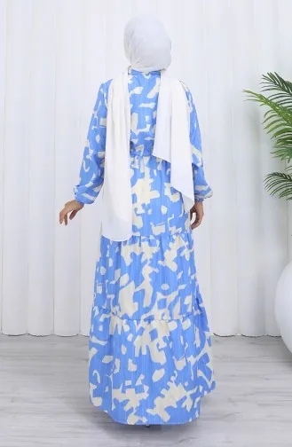 Robe à Motifs Avec Col Mandarin Et Taille Nouée 0191-03 Indigo 0191-03
