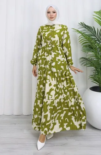 Robe à Motifs Avec Col Mandarin Et Taille Nouée 0191-04 Kaki 0191-04
