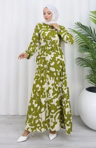 Robe à Motifs Avec Col Mandarin Et Taille Nouée 0191-04 Kaki 0191-04