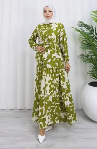 Robe à Motifs Avec Col Mandarin Et Taille Nouée 0191-04 Kaki 0191-04