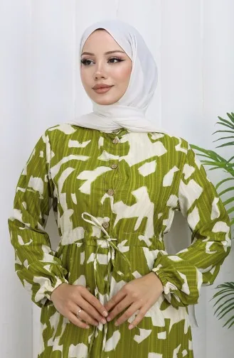 Robe à Motifs Avec Col Mandarin Et Taille Nouée 0191-04 Kaki 0191-04