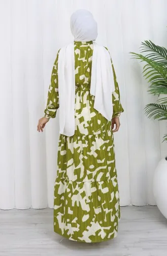 Robe à Motifs Avec Col Mandarin Et Taille Nouée 0191-04 Kaki 0191-04