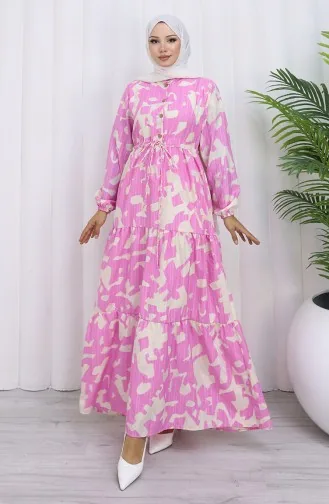 Robe à Motifs Avec Col Grand-père Et Taille Nouée 0191-05 Rose 0191-05