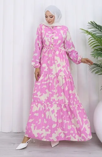 Robe à Motifs Avec Col Grand-père Et Taille Nouée 0191-05 Rose 0191-05