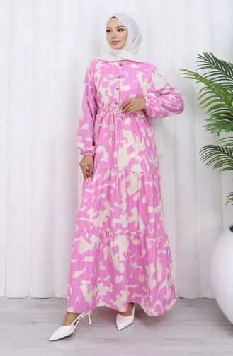 Robe à Motifs Avec Col Grand-père Et Taille Nouée 0191-05 Rose 0191-05