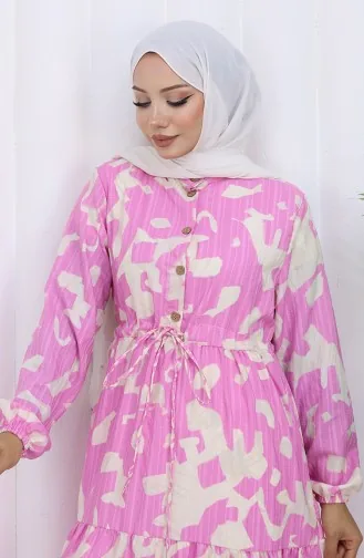 Robe à Motifs Avec Col Grand-père Et Taille Nouée 0191-05 Rose 0191-05