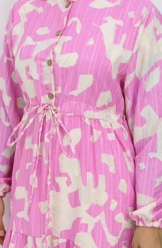 Robe à Motifs Avec Col Grand-père Et Taille Nouée 0191-05 Rose 0191-05