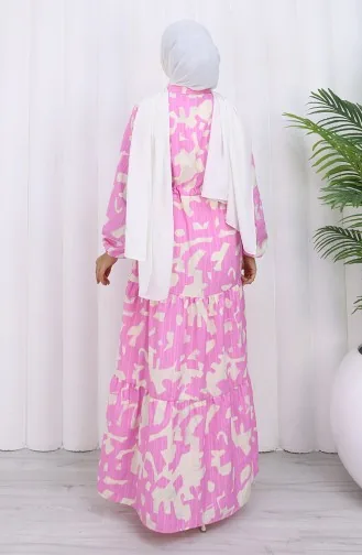 Robe à Motifs Avec Col Grand-père Et Taille Nouée 0191-05 Rose 0191-05