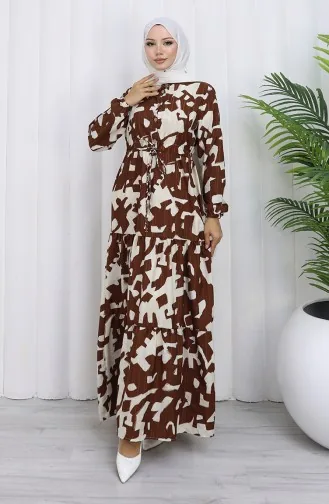 Robe à Motifs Avec Col Grand-père Et Taille Nouée 0191-06 Marron 0191-06