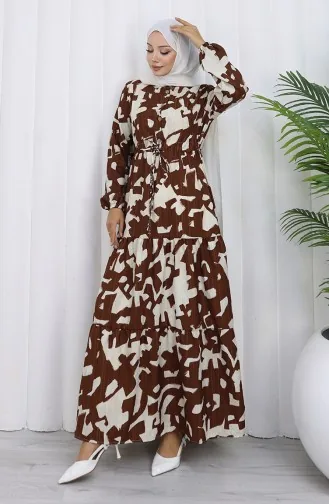 Robe à Motifs Avec Col Grand-père Et Taille Nouée 0191-06 Marron 0191-06