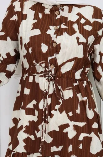 Robe à Motifs Avec Col Grand-père Et Taille Nouée 0191-06 Marron 0191-06