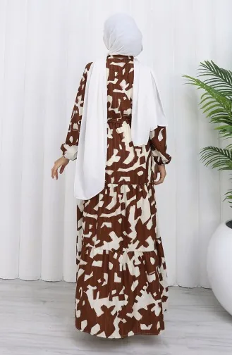 Robe à Motifs Avec Col Grand-père Et Taille Nouée 0191-06 Marron 0191-06