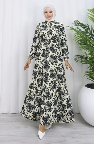 Robe à Motifs Avec Col Grand-père Et Taille Nouée 0192-01 Noir 0192-01