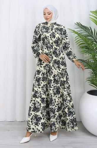 Robe à Motifs Avec Col Grand-père Et Taille Nouée 0192-01 Noir 0192-01