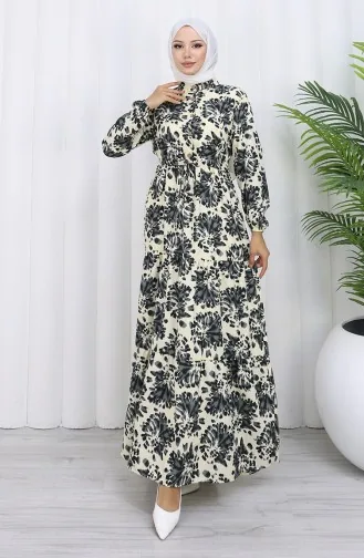 Robe à Motifs Avec Col Grand-père Et Taille Nouée 0192-01 Noir 0192-01