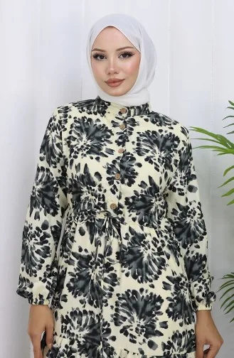 Robe à Motifs Avec Col Grand-père Et Taille Nouée 0192-01 Noir 0192-01